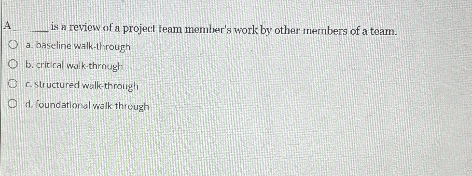 A is a review of a project team member's work by