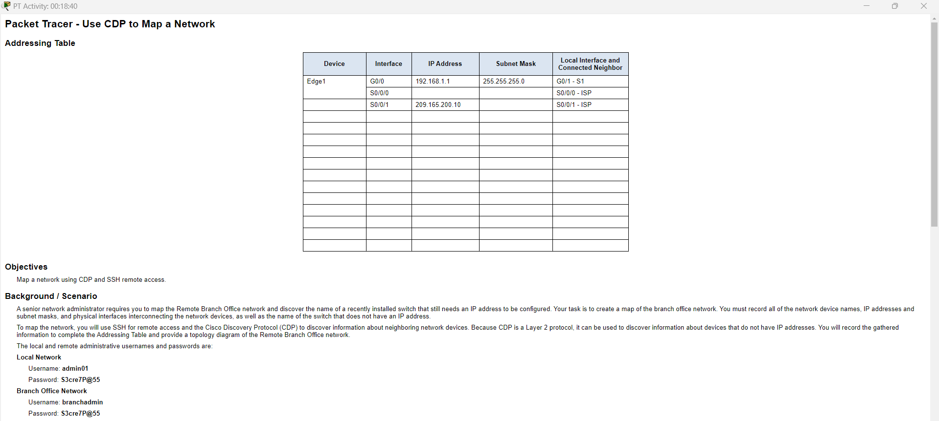 Packet Tracer - Use CDP to Map a Network