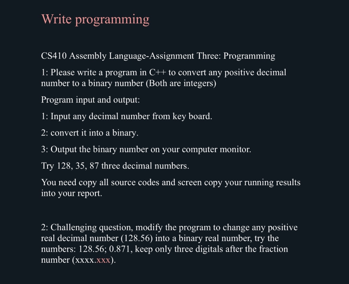 Write programming CS 4 1 0 Assembly Language -