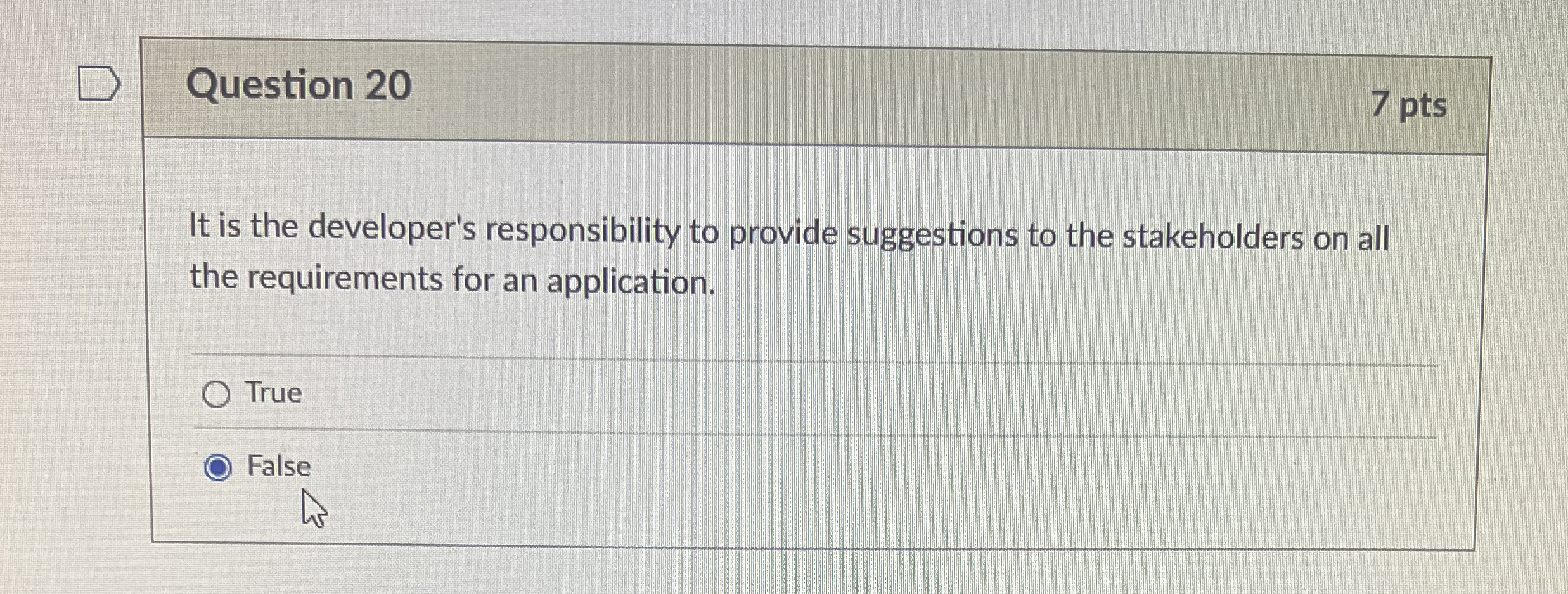 Question 2 0 7 pts It is the developer's