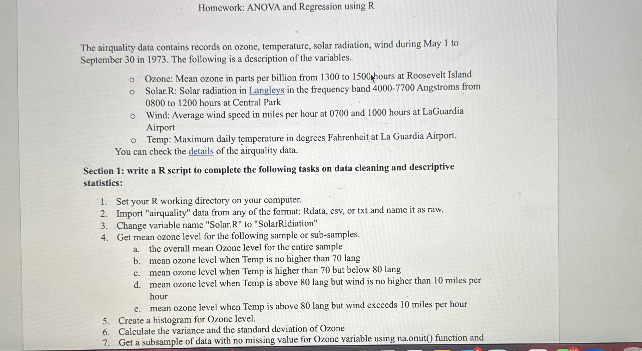 Homework: ANOVA and Regression using R The