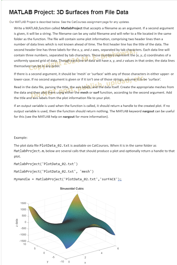 MATLAB Project: 3 D Surfaces from File Data Our