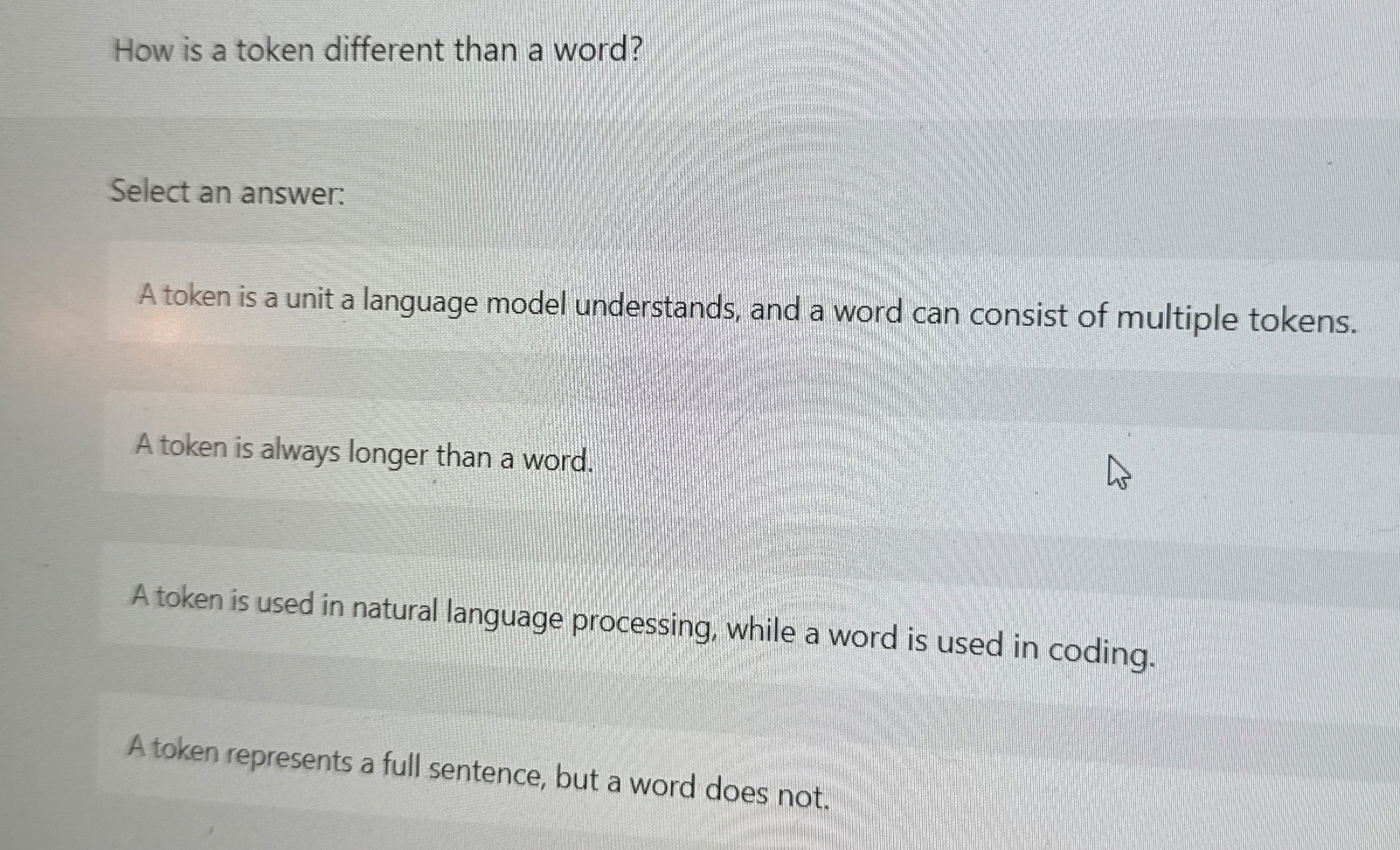 How is a token different than a word? Select an
