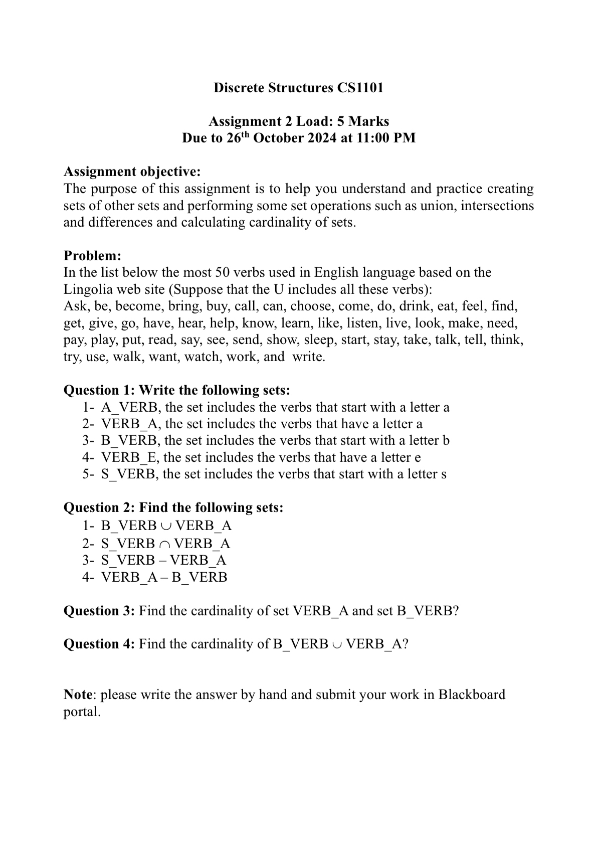 Discrete Structures CS 1 1 0 1 Assignment 2 Load: