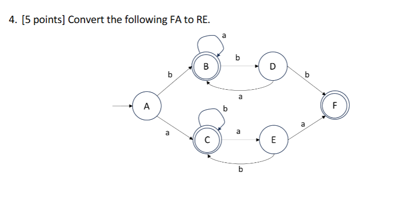 [ 5 points ] Convert the following FA to RE . 5 .