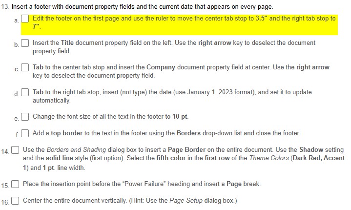Insert a footer with document property fields and
