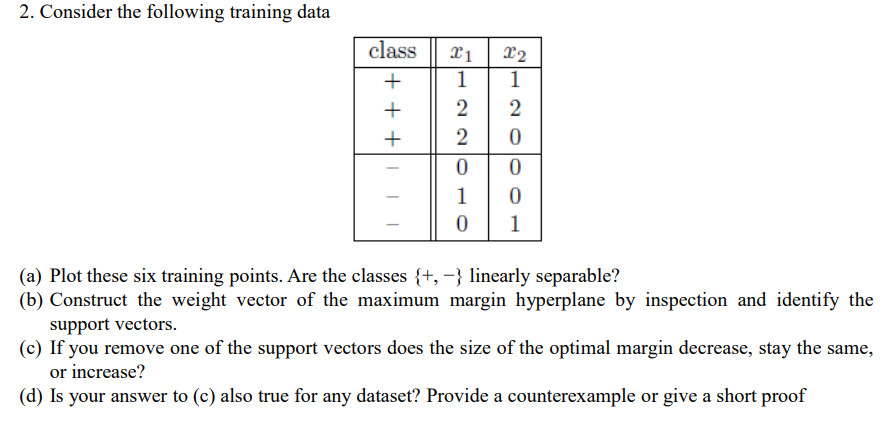 2 . Consider the following training data ( a )