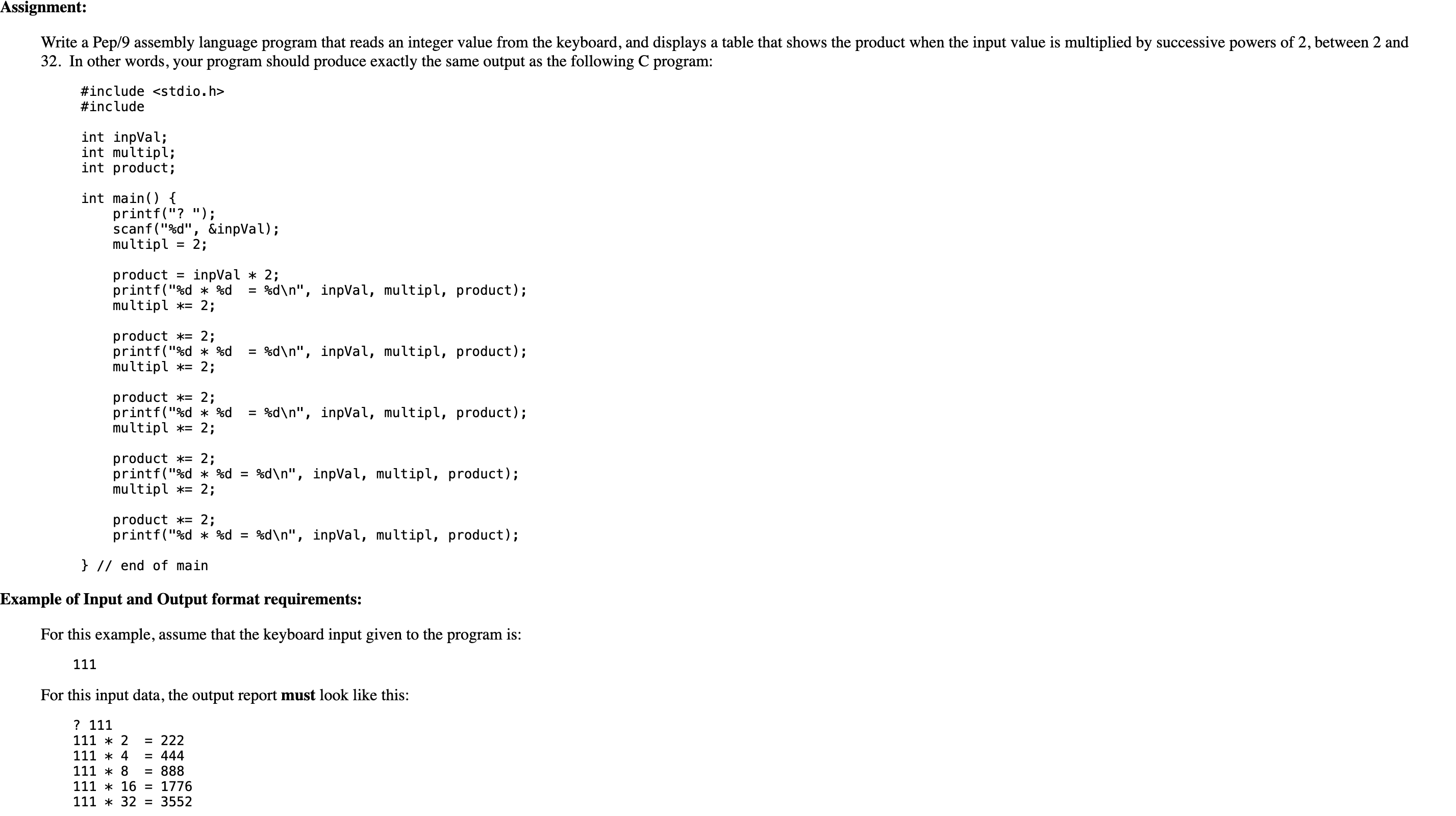 Assignment: Write a Pep / 9 assembly language