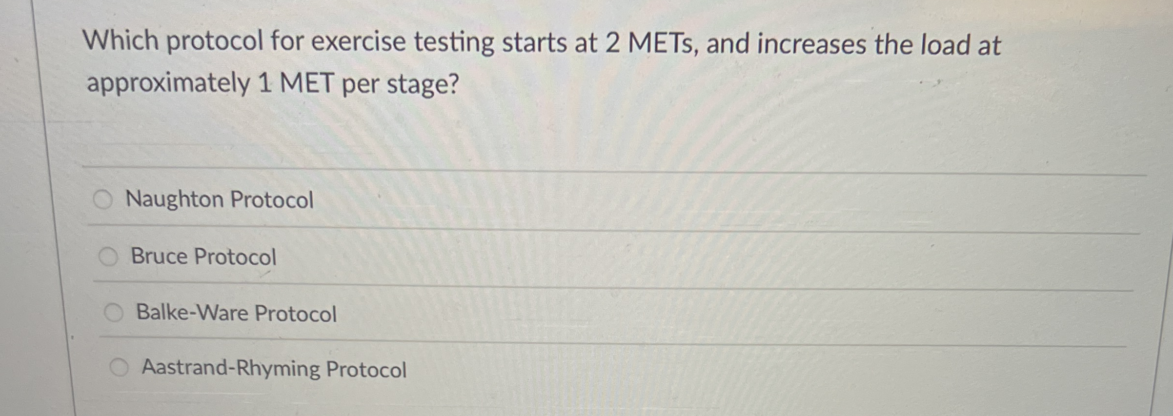 Which protocol for exercise testing starts at 2