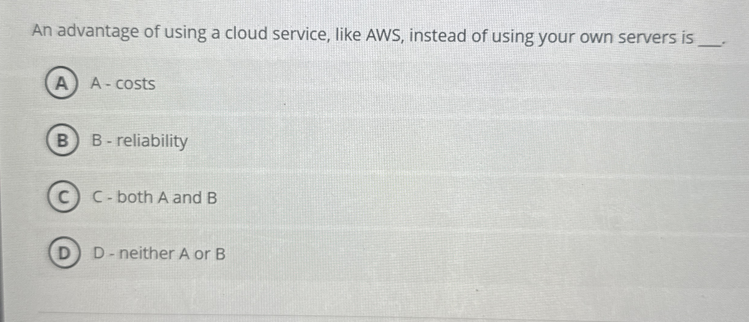 An advantage of using a cloud service, like AWS,