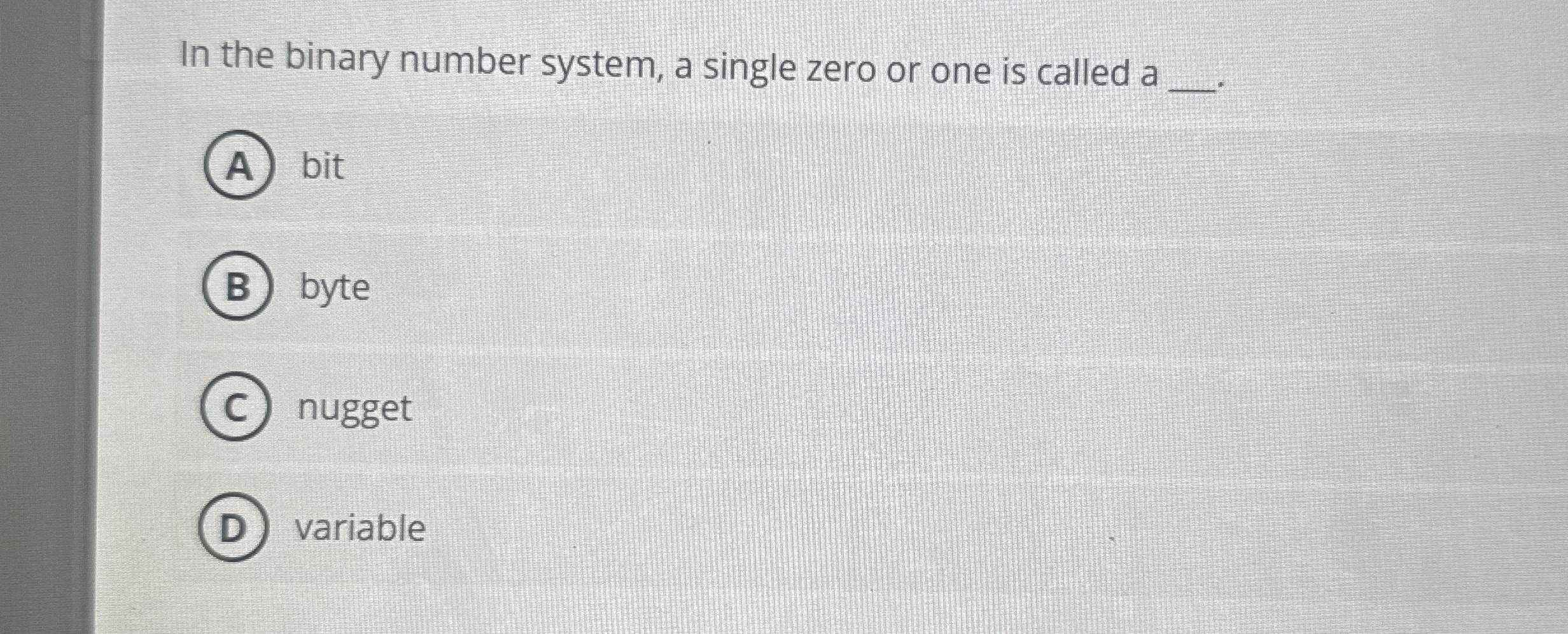 In the binary number system, a single zero or one