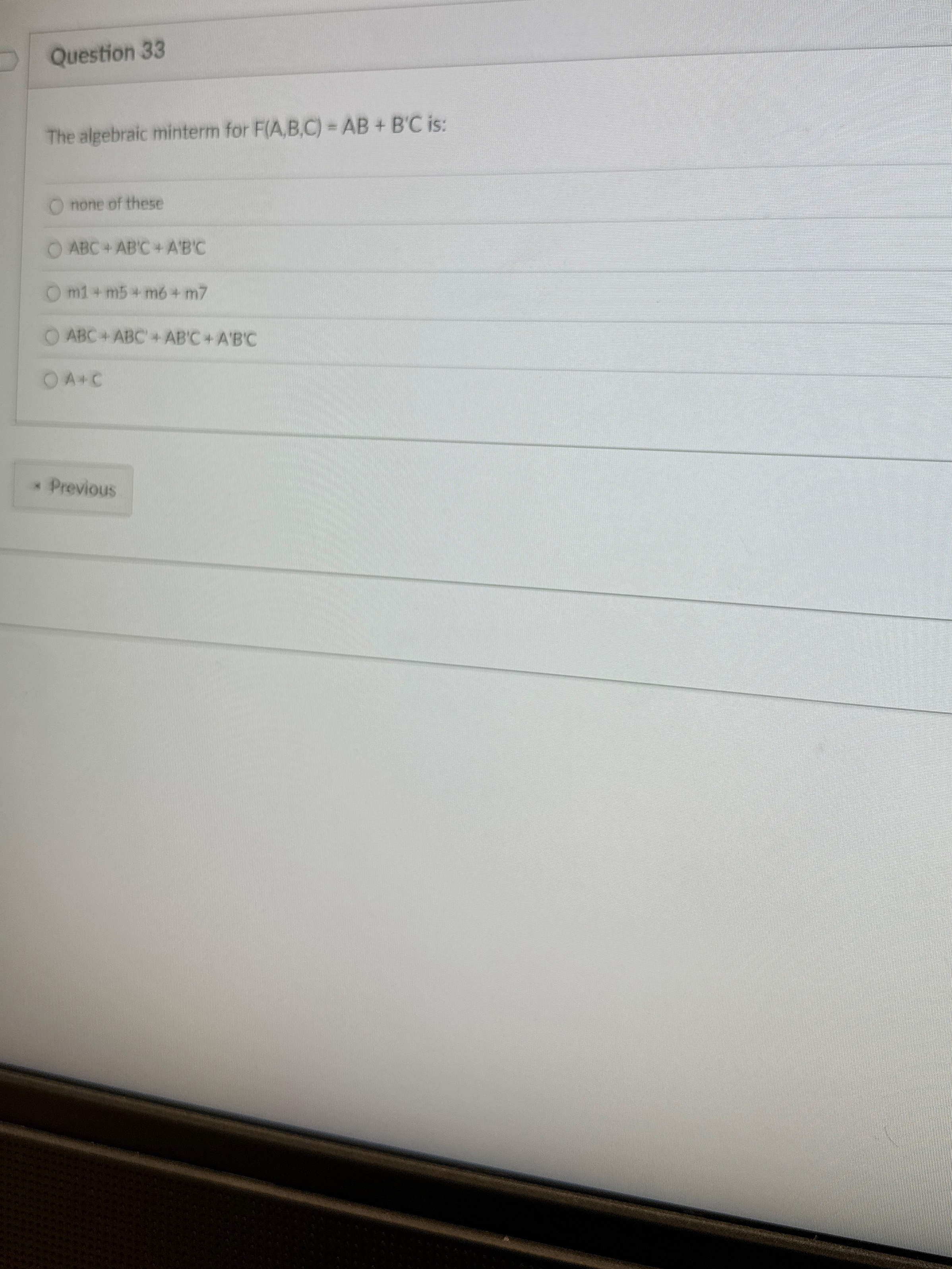 Question 3 3 The algebraic minterm for F ( A , B