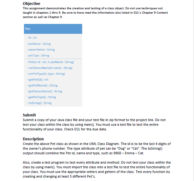 Create the above Pet class as shown in the UML