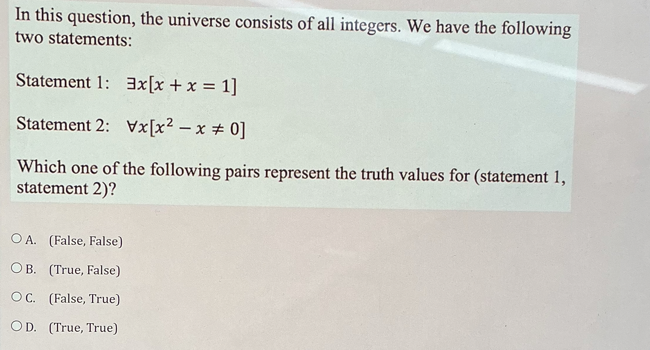 In this question, the universe consists of all