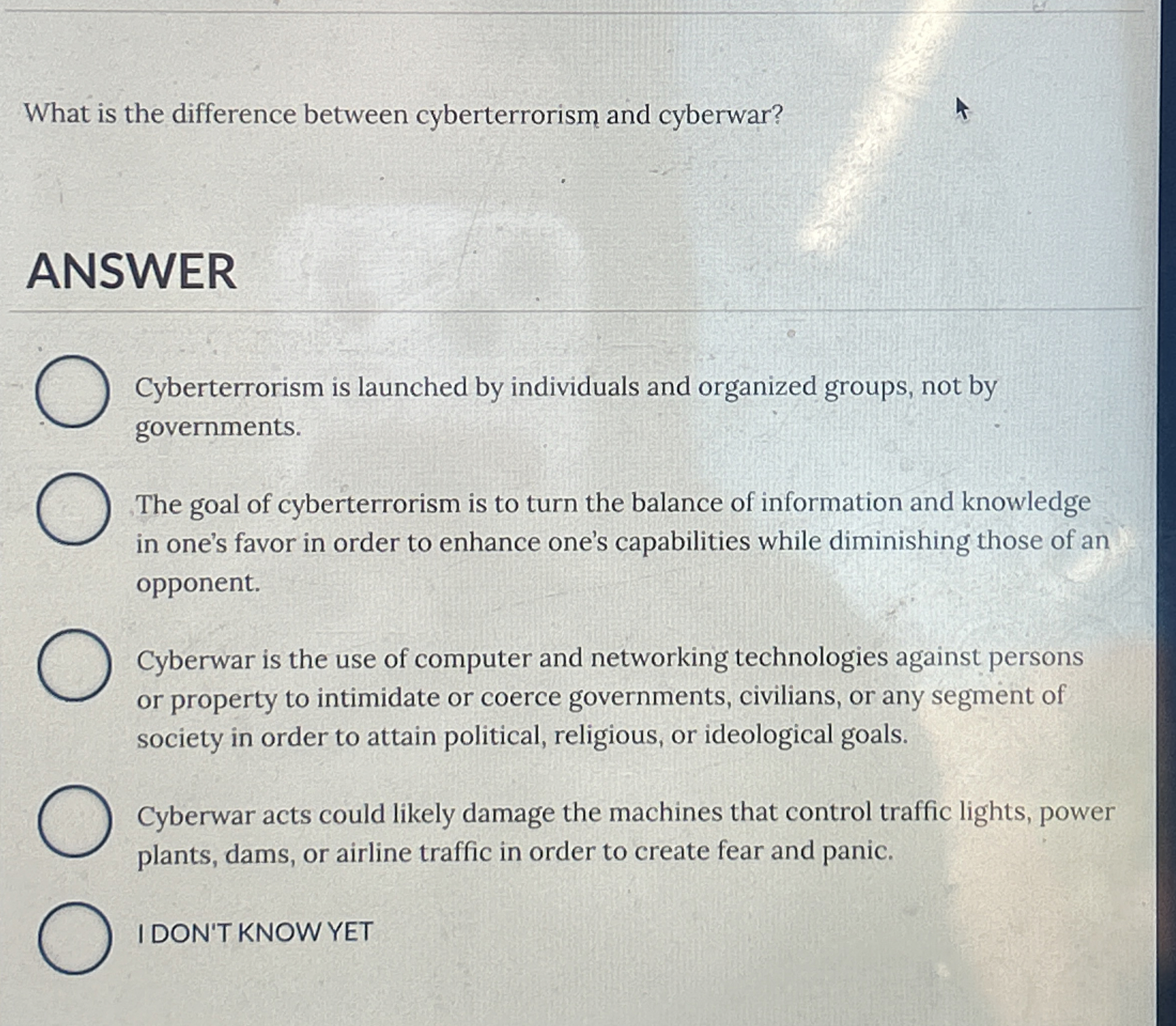 What is the difference between cyberterrorism and
