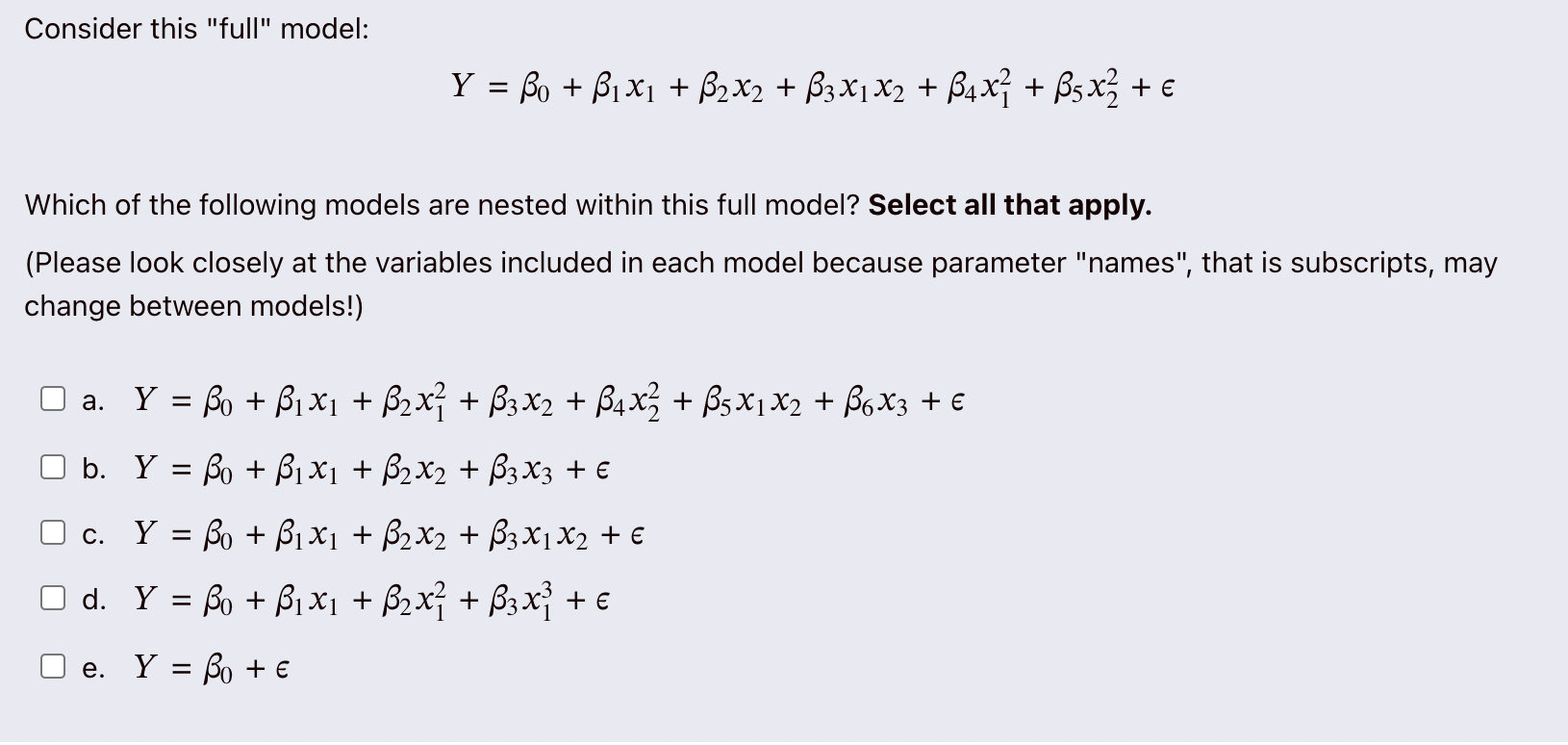 Consider this "full" model: Y = 0 + 1 x 1 + 2 x 2