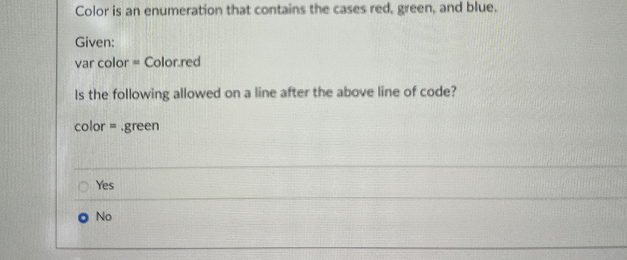 Color is an enumeration that contains the cases