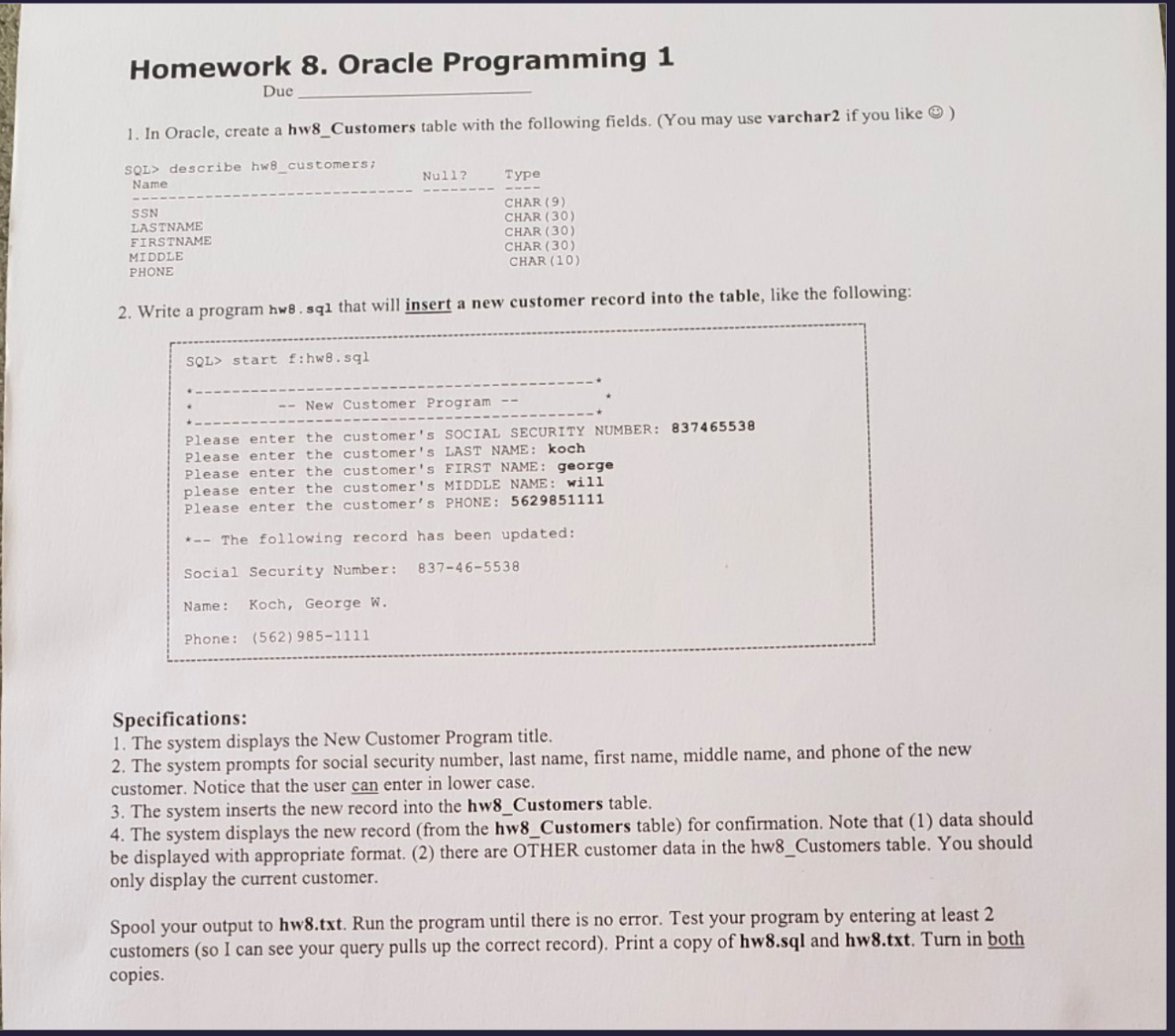 Homework 8 . Oracle Programming 1 Due q , In