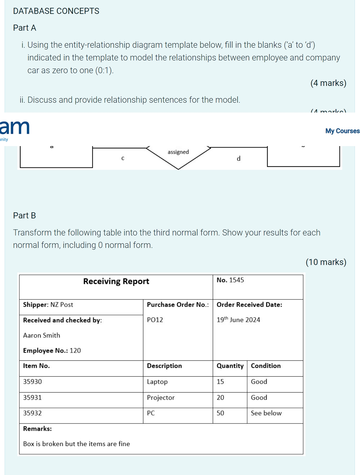 DATABASE CONCEPTS Part A i . Using the entity -