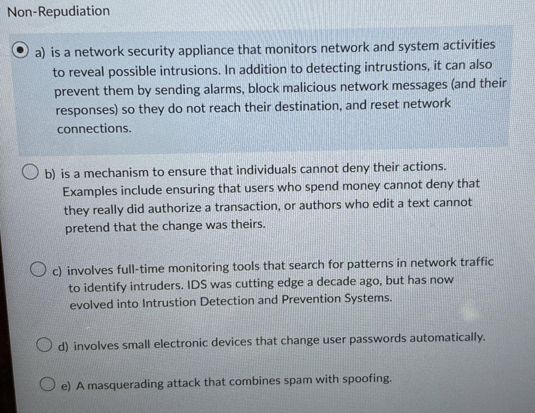 Non - Repudiation a ) is a network security