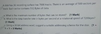 A disk has 3 6 recording surface has 7 0 0 0
