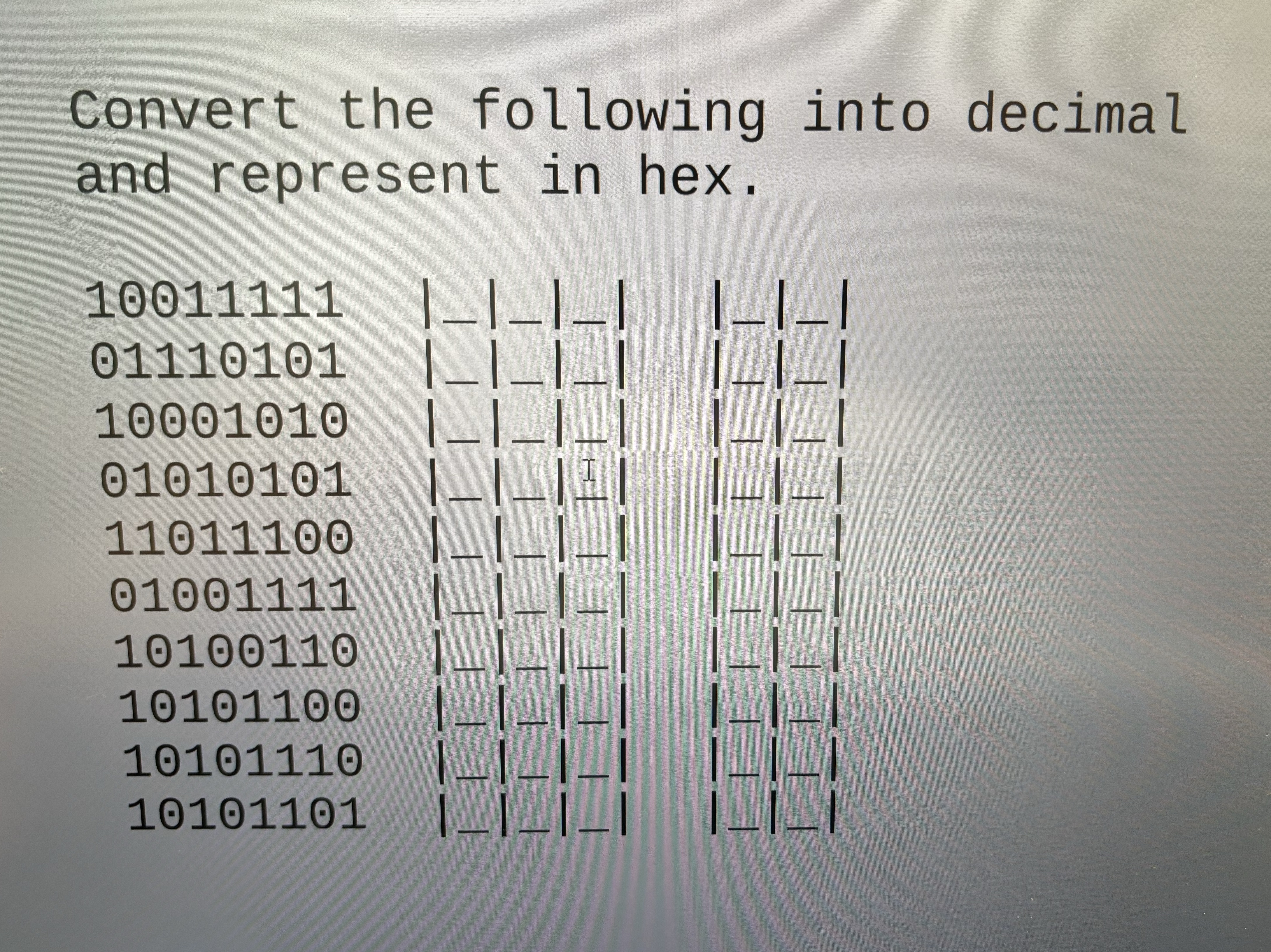 Convert the following into decimal and represent