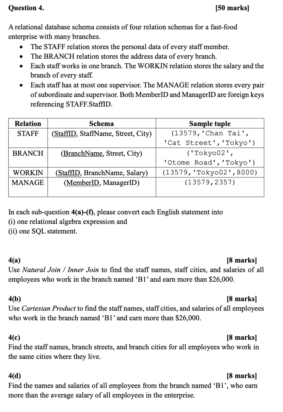 Question 4 . [ 5 0 marks ] A relational database