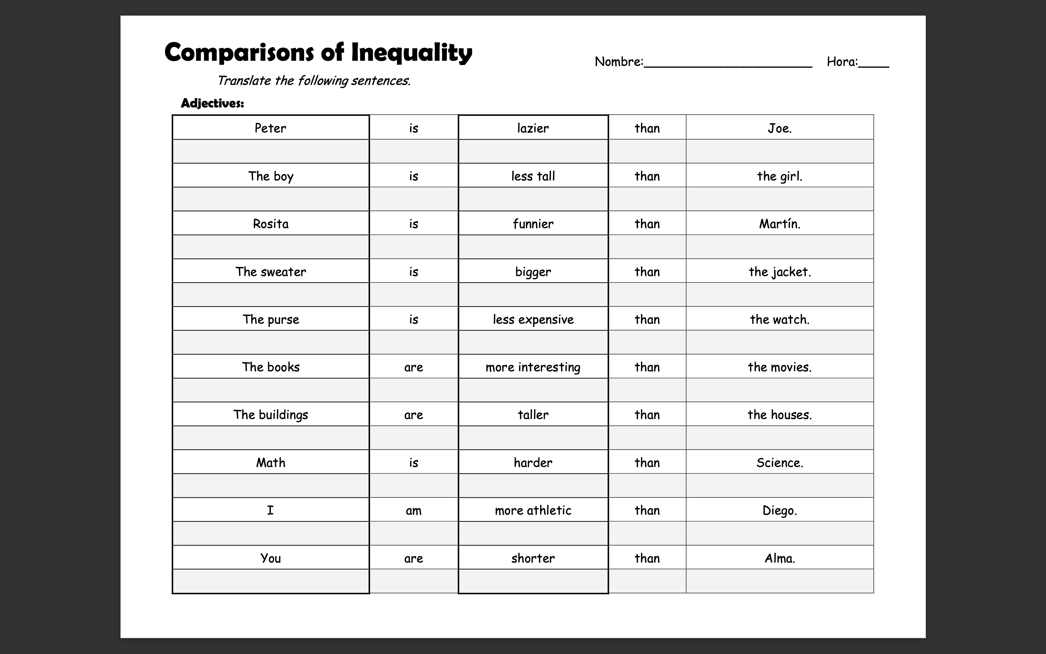 Comparisons of Inequality Nombre: Hora: Translate