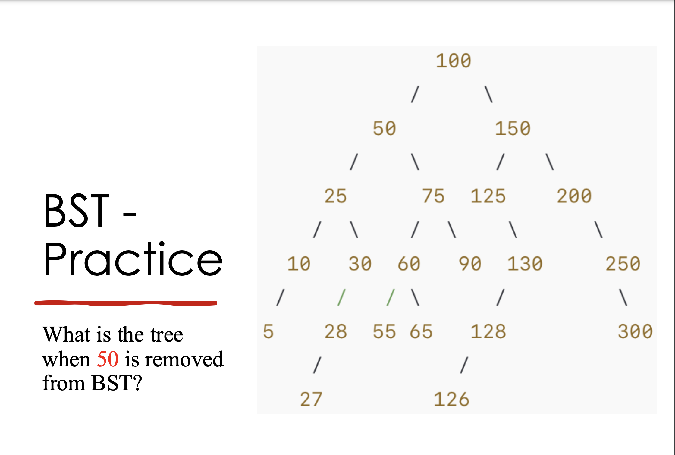 What is the tree when 5 0 is removed from BST ?
