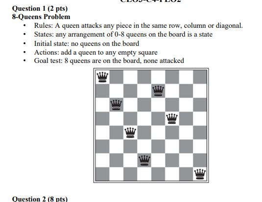 Question 1 ( 2 pts ) 8 - Queens Problem Rules: A