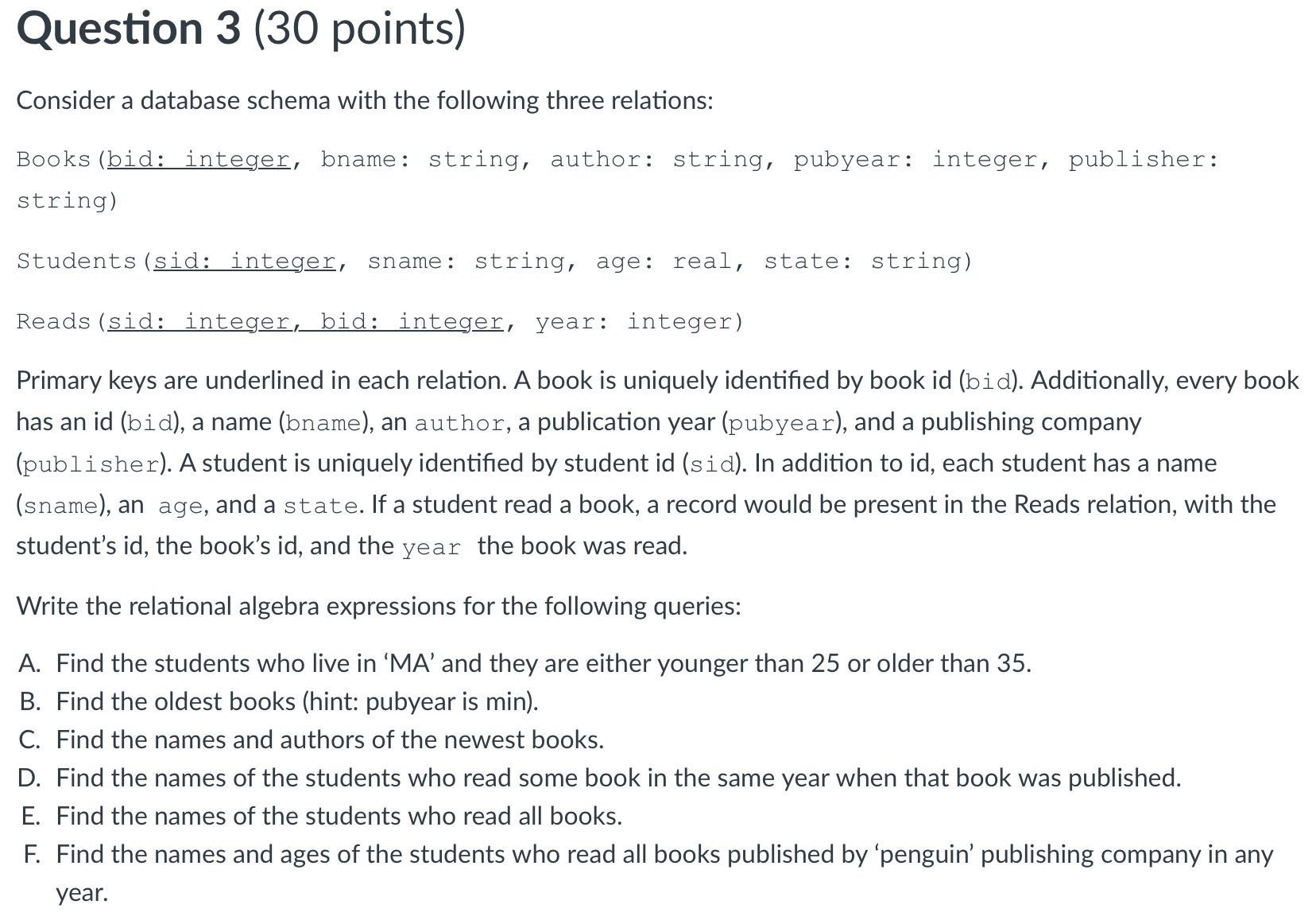 Primary keys are underlined in each relation. A
