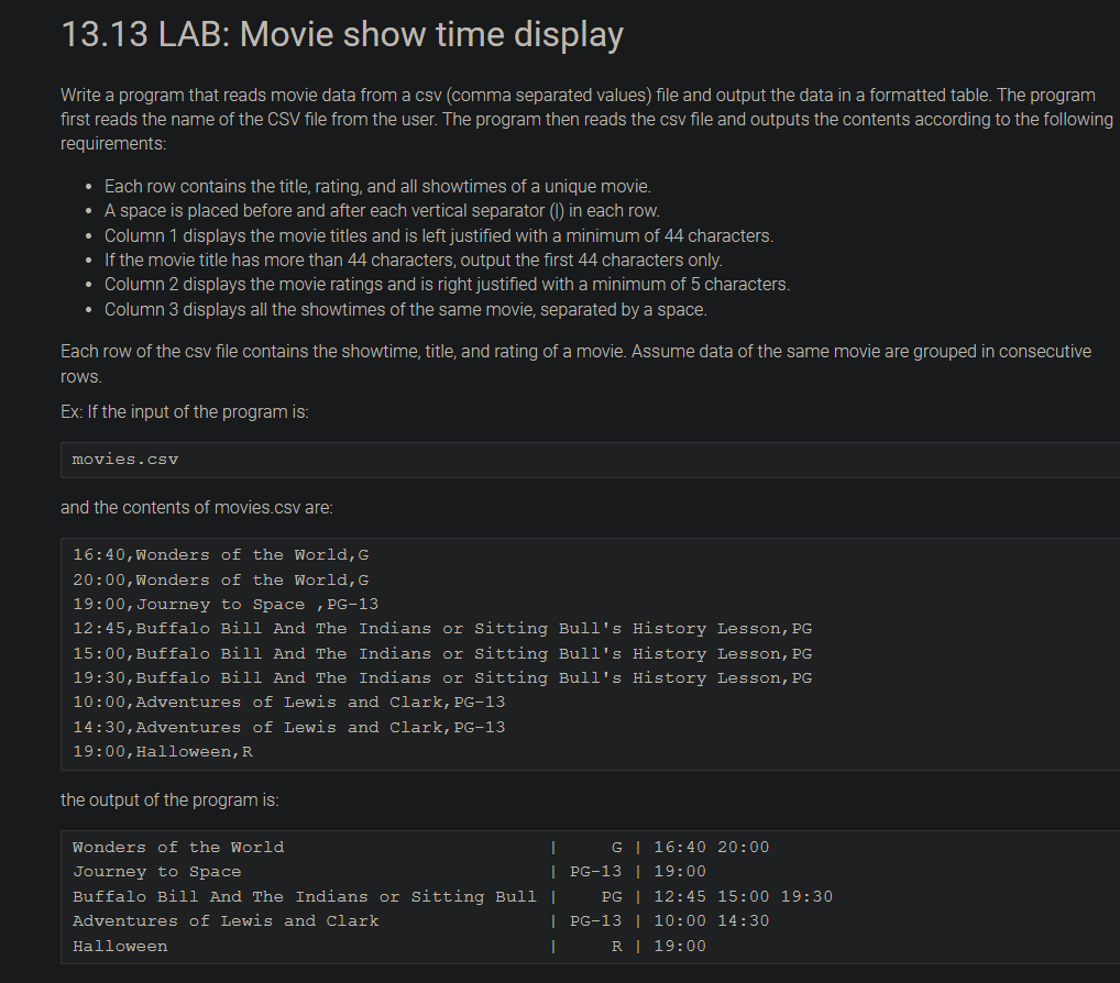 1 3 . 1 3 LAB: Movie show time display import