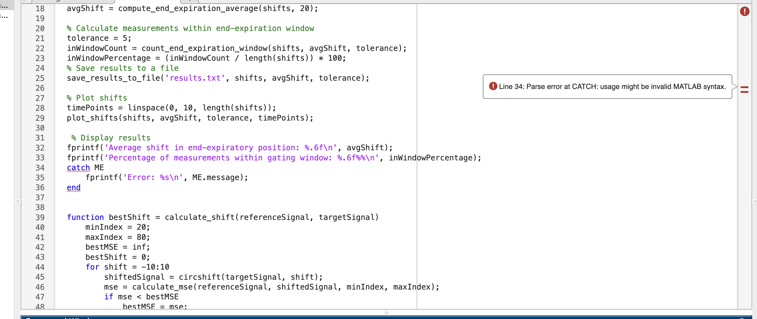 line 3 4 gives an error in matlab as 'catch' is