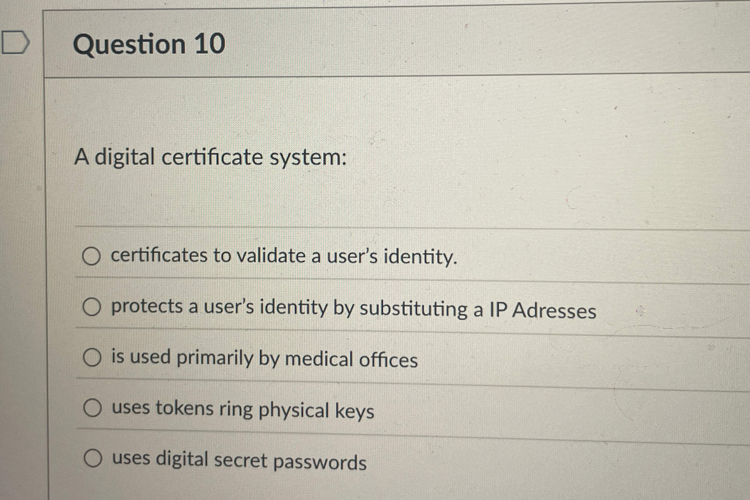 Question 1 0 A digital certificate system: