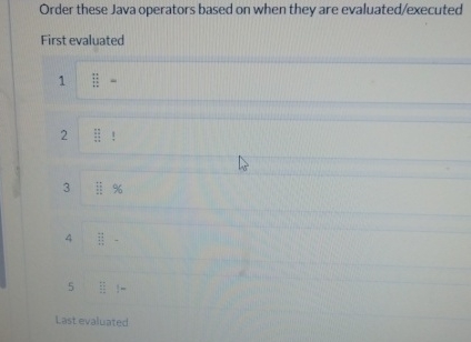 Order these Java operators based on when they are