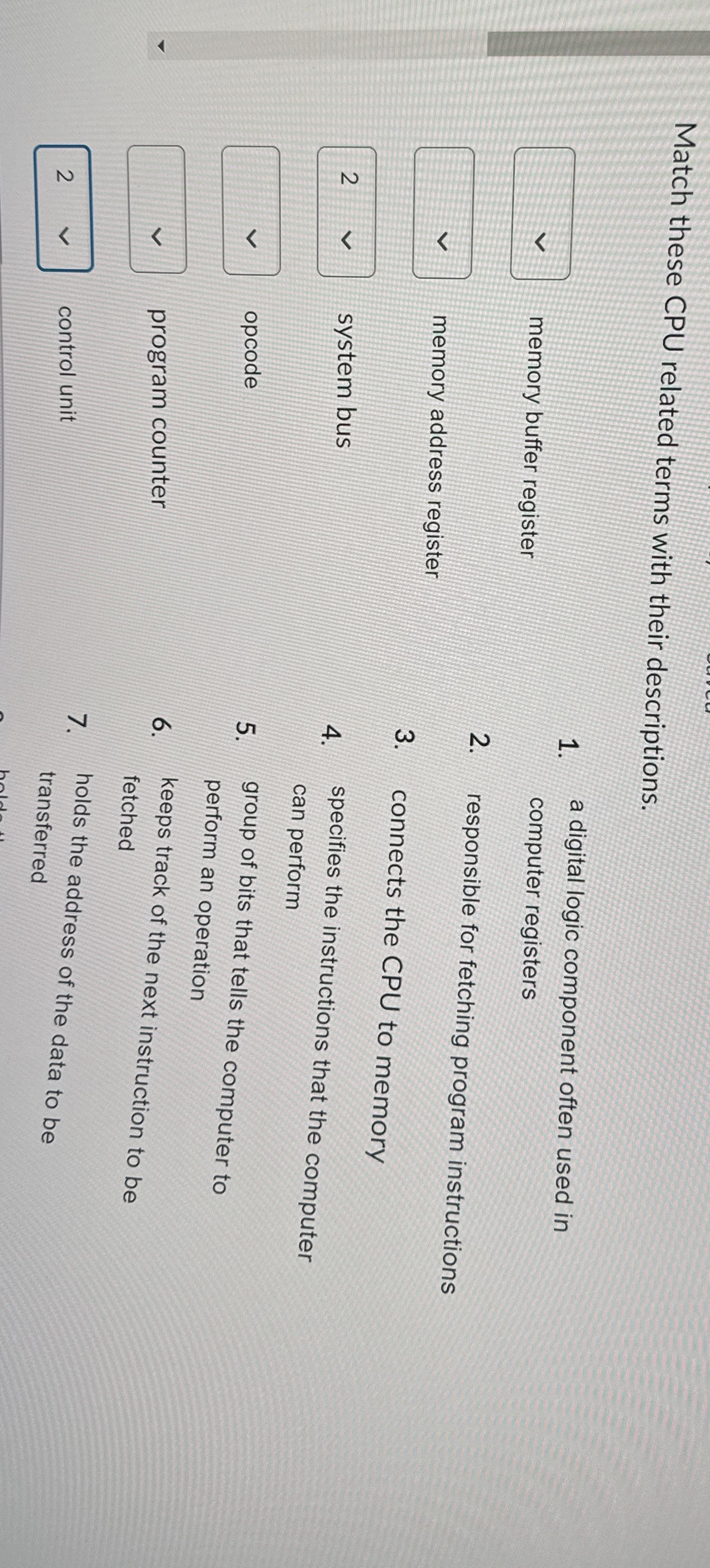 Match these CPU related terms with their