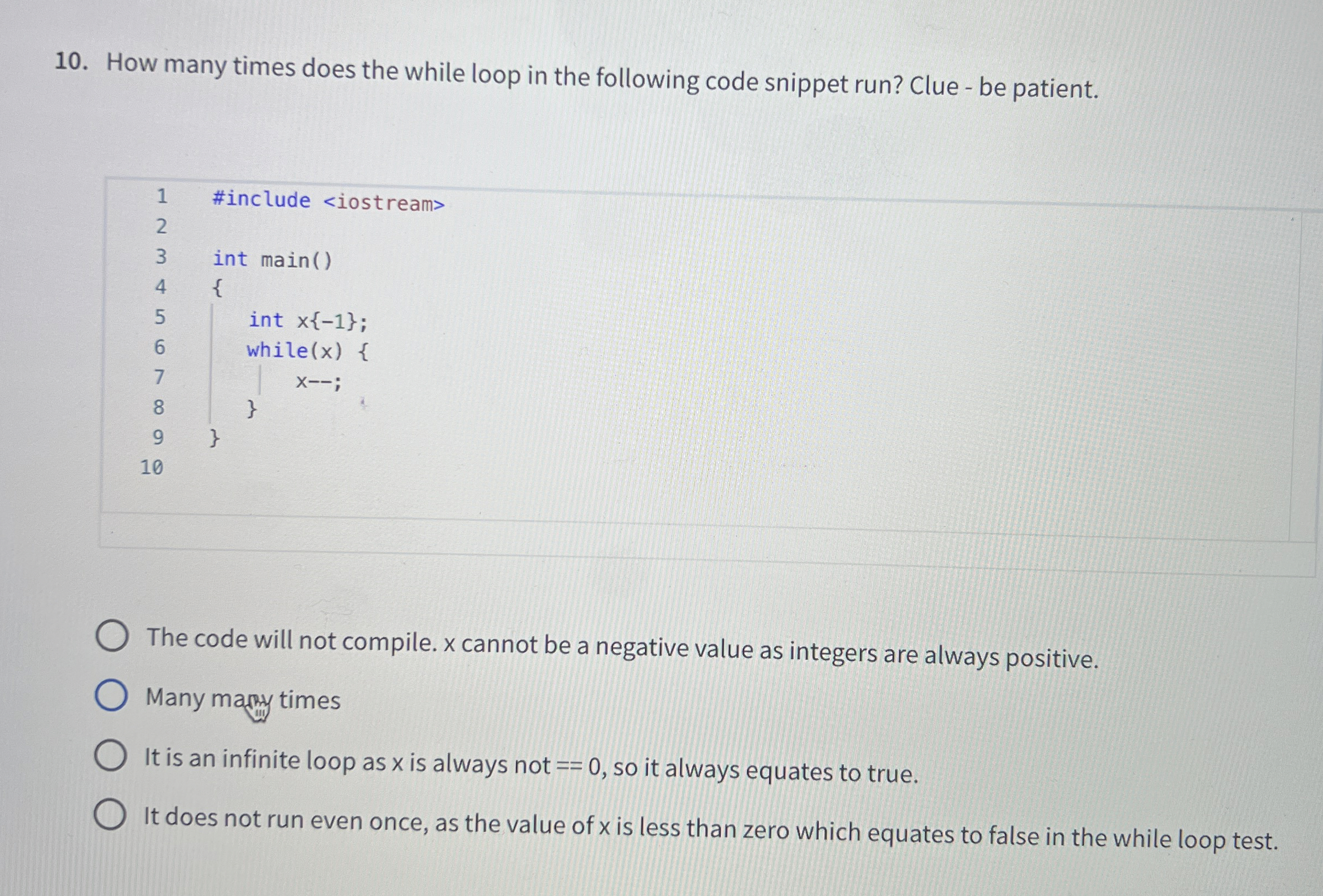 How many times does the while loop in the