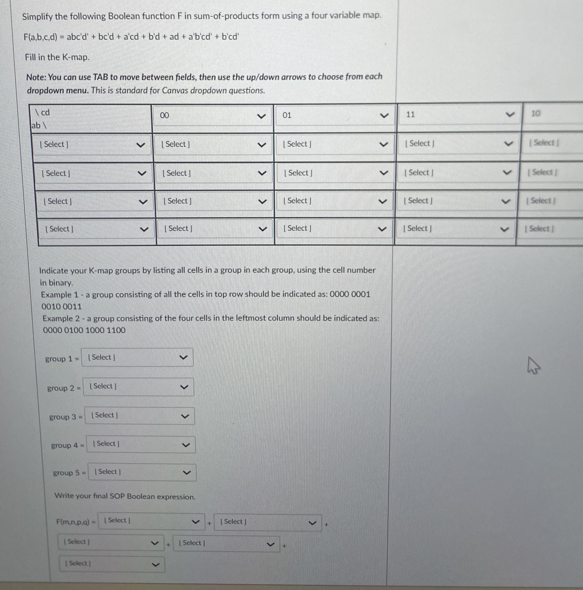 Simplify the following Boolean function F in sum