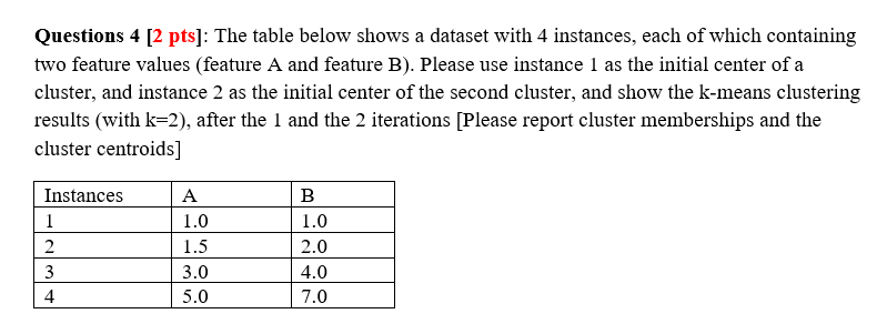 Questions 4 [ 2 pts ] : The table below shows a