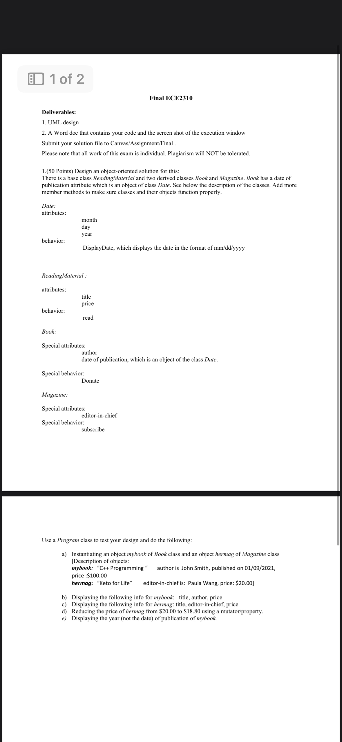 1 of 2 Final ECE 2 3 1 0 Deliverables: UML design