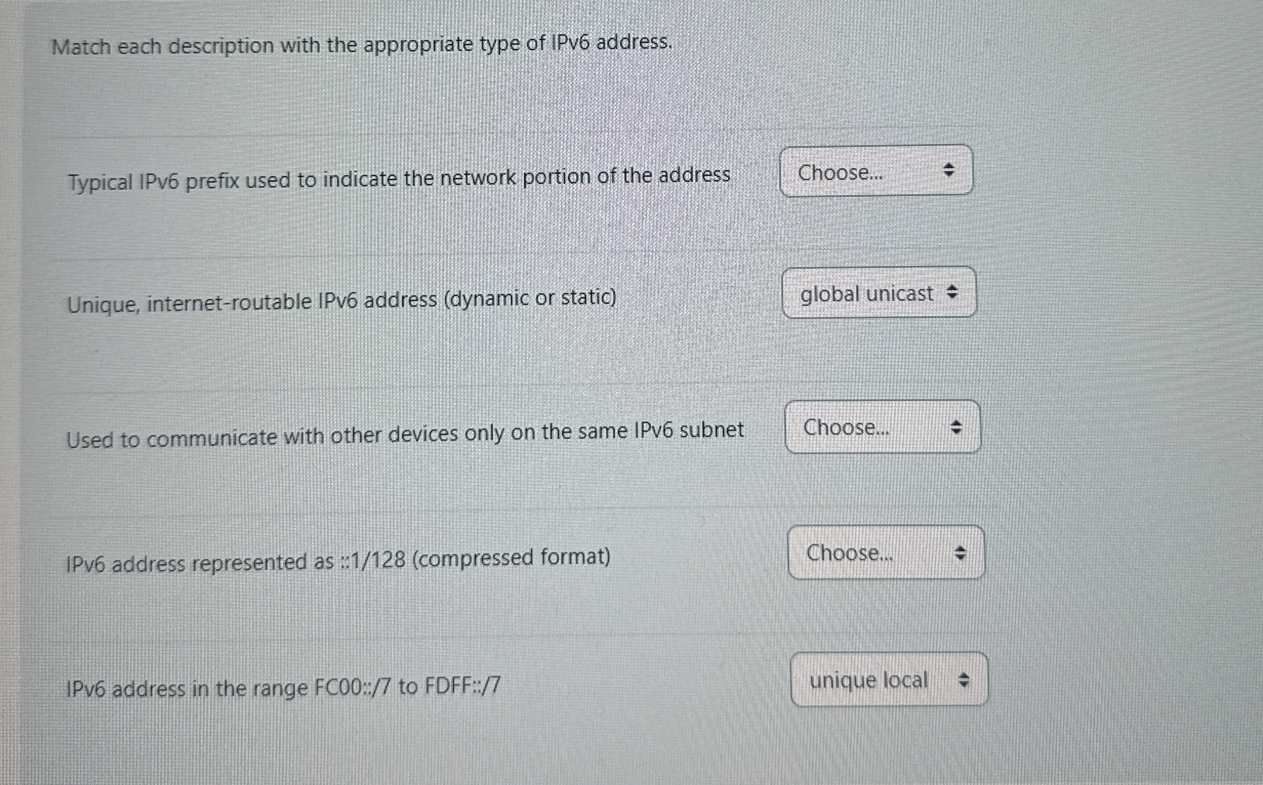 Match each description with the appropriate type