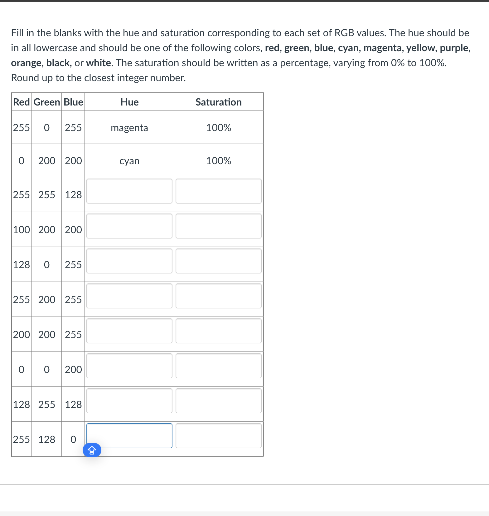 Fill in the blanks with the hue and saturation