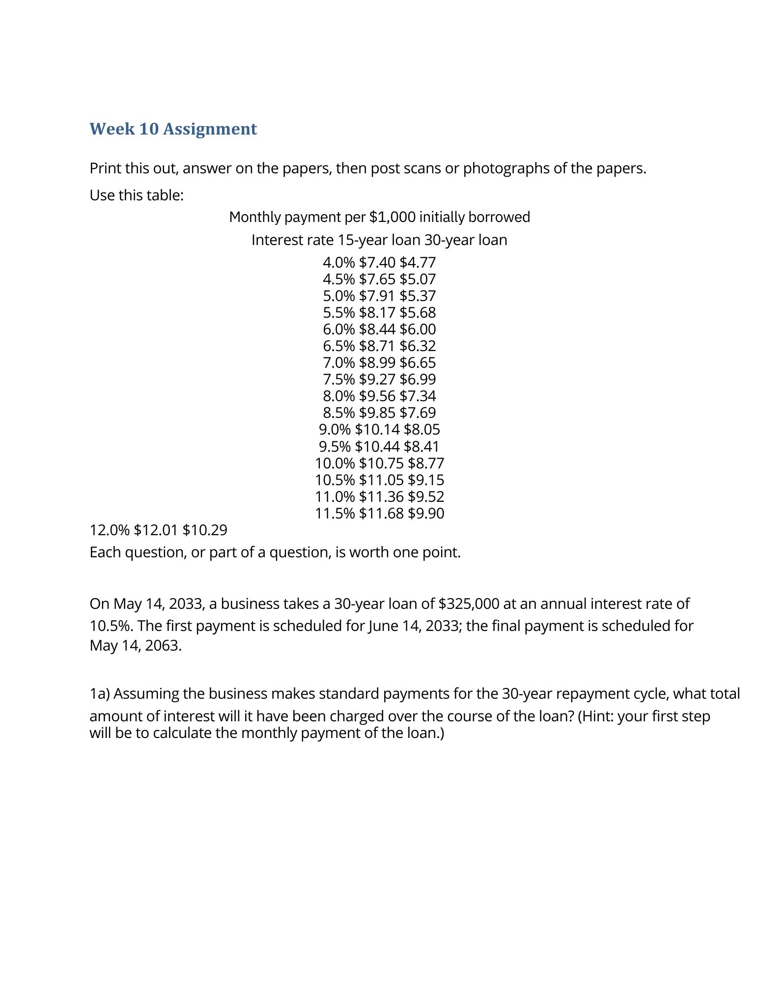 Week 10 Assignment Print this out, answer on the