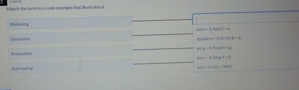 Match the term to a code example that illustrates