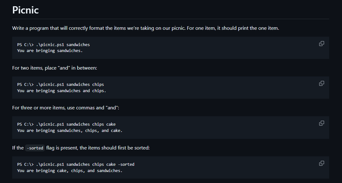 Picnic ( IN POWERSHELL PLEASE ) Write a program