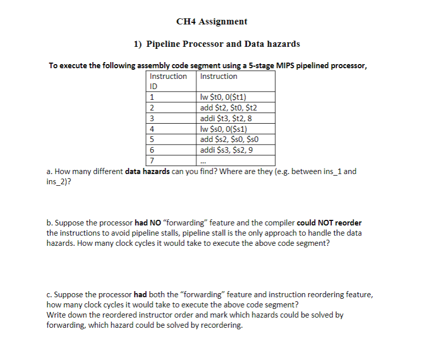 CH 4 Assignment 1 ) Pipeline Processor and Data