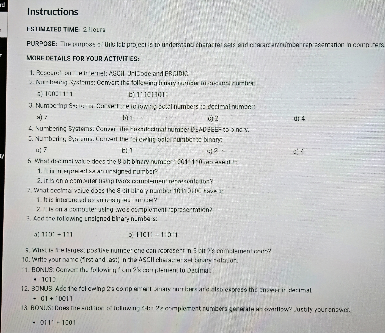 Instructions ESTIMATED TIME: 2 Hours PURPOSE: The