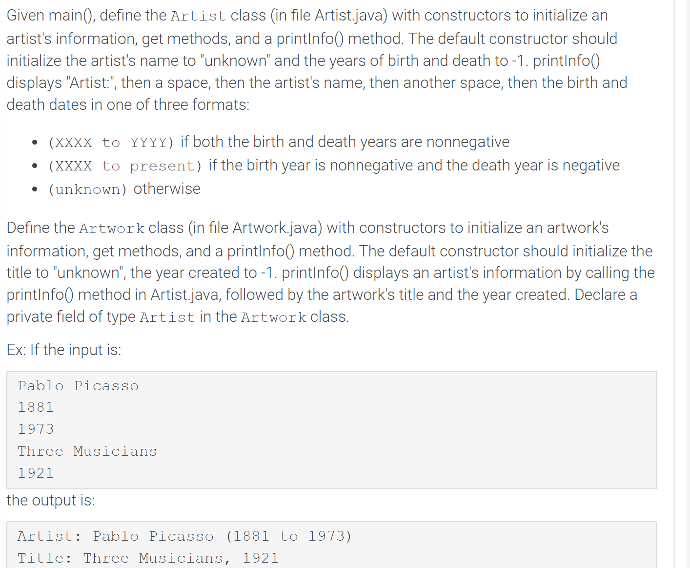 Given main ( ) , define the Artist class ( in