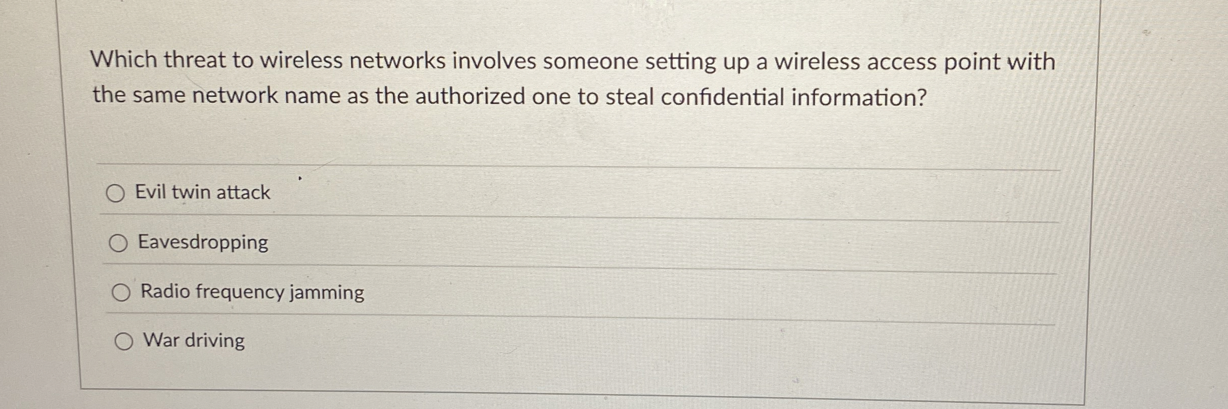 Which threat to wireless networks involves