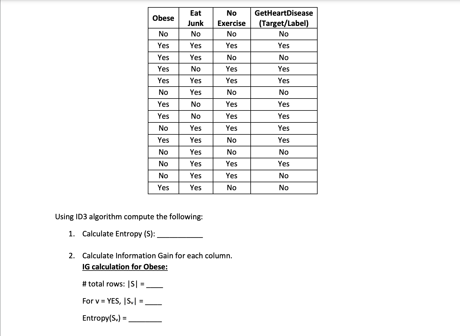 Use the dataset below to learn a decision tree